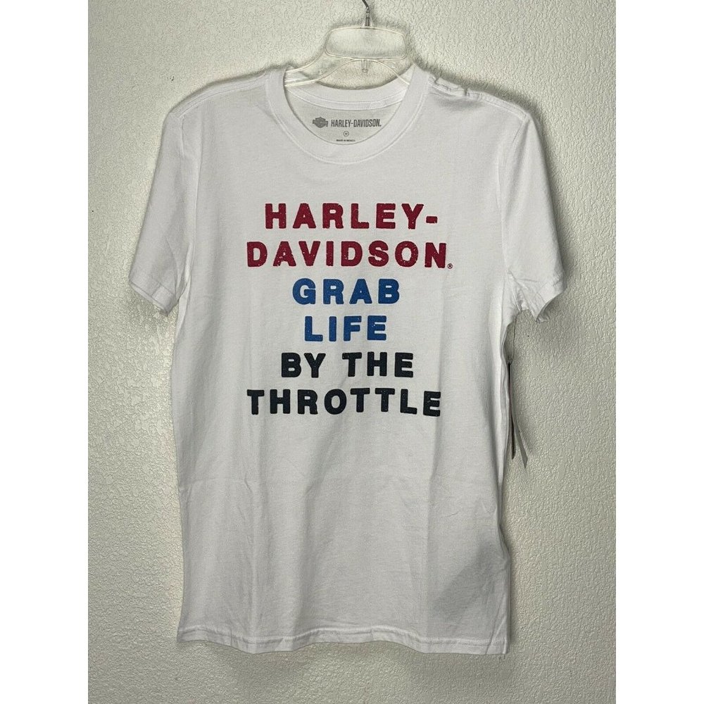 Harley-Davidson “Grab Life By The Throttle” White Mens T-Shirt Sz Medium